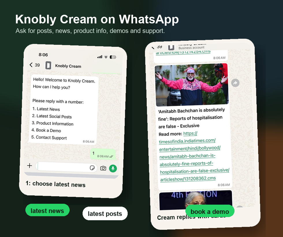 Knobly Cream WhatsApp interaction showing latest news and social post commands